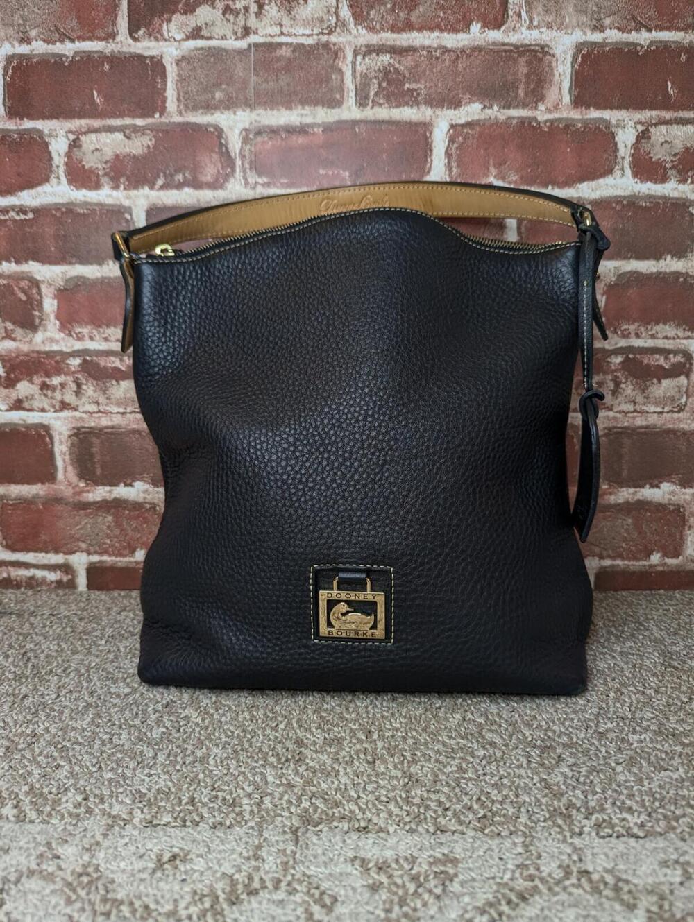 Dooney and Bourke Black Shoulder Bag Pebbled Leather Hobo Purse Duck Logo